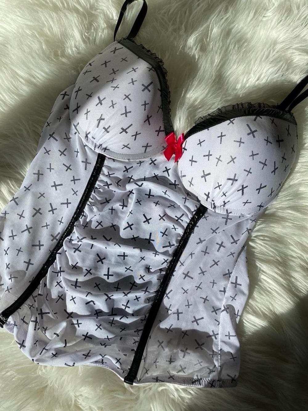Rue21 White Bustier Chemise with Black Cross Print and Pink Bow